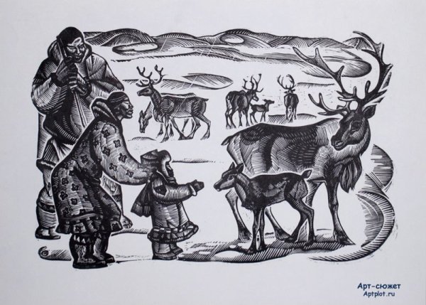 Оленья упряжка линогравюра