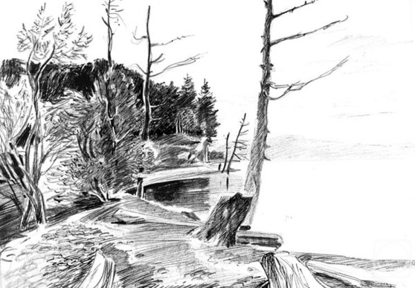 Пейзаж Байкала карандашом