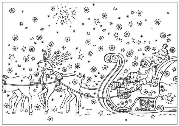 Раскраска дед Мороз с оленями