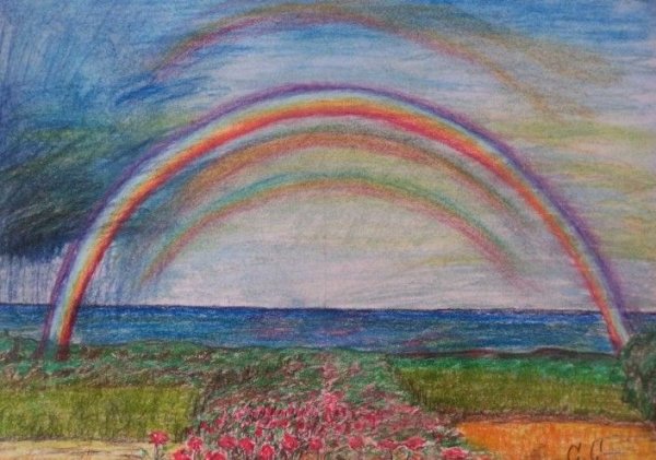 Пейзаж с радугой акварелью