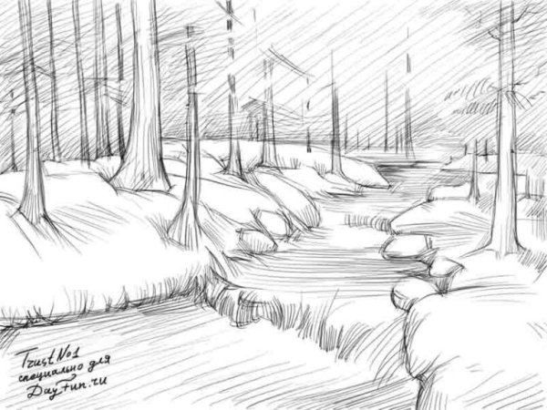 Пейзаж с животными карандашом