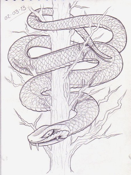 Змея обвивает дерево