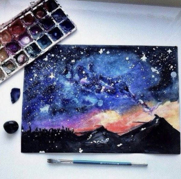 Рисование космоса акварелью