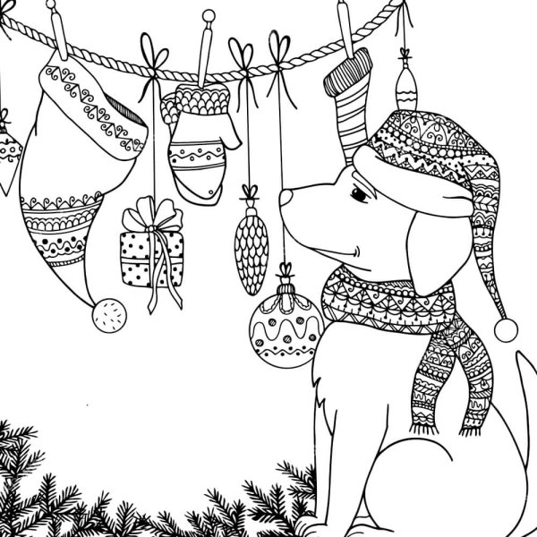 Раскраска антистресс Новогодняя с собакой