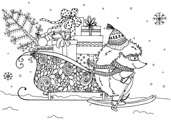 Новогодние раскраски сани с подарками