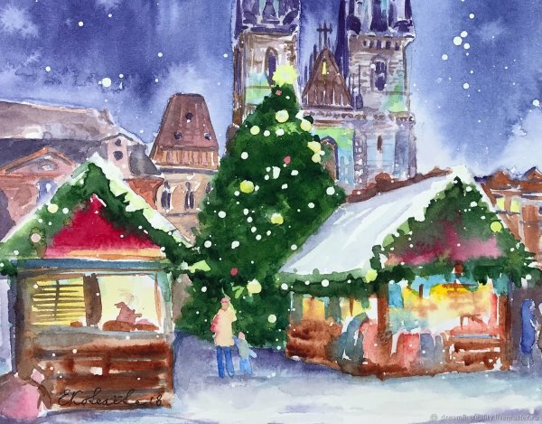 Новогодние картины акварелью