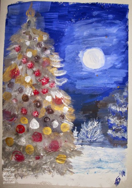 Зима гуашью для детей