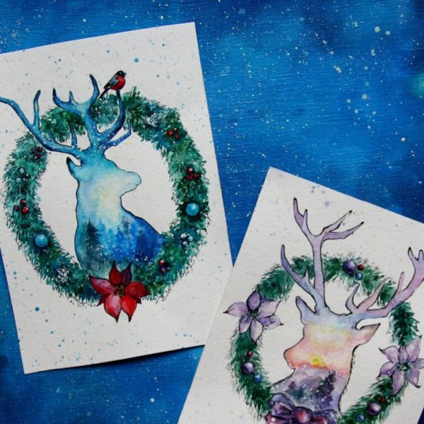 Новогодняя аткрытка акварелью