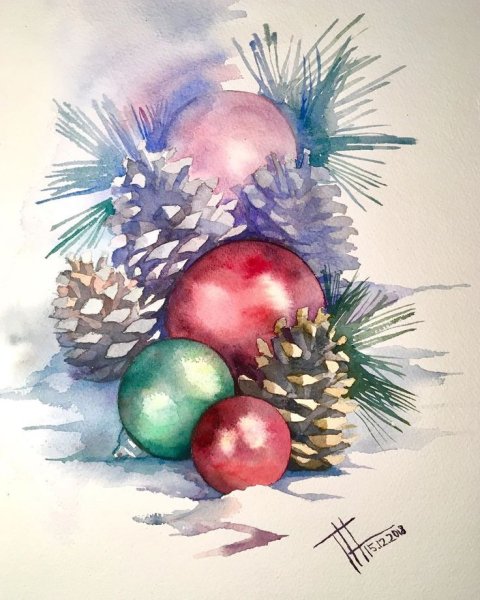 Новогодние картины акварелью