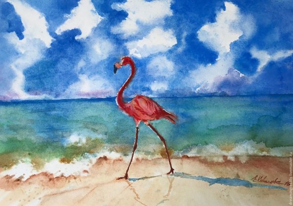 Фламинго на море акварелью