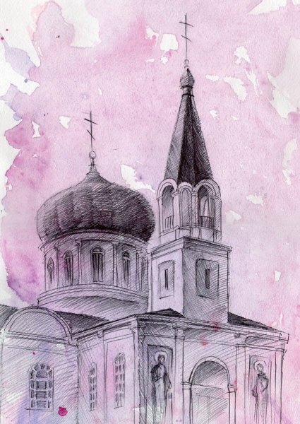 Эскиз церкви карандашом