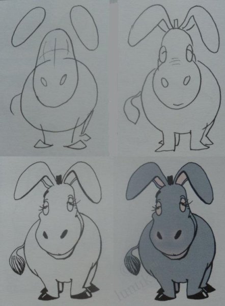 Поэтапное рисование ослика для детей