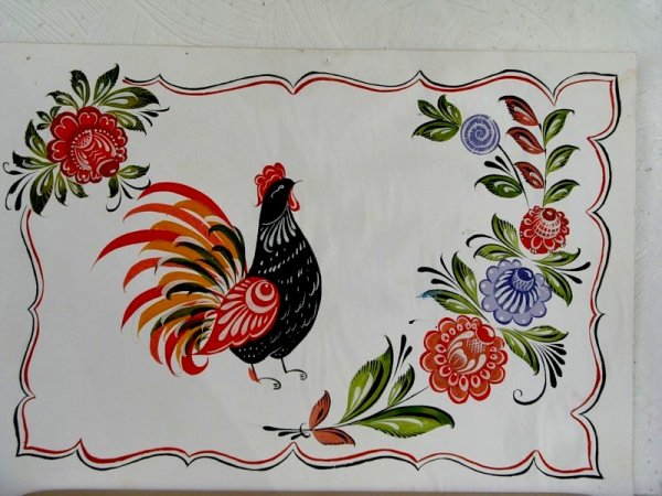 Городецкая роспись петухи и кони