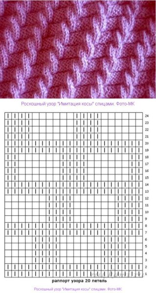 Узор спицами раппорт 26 петель