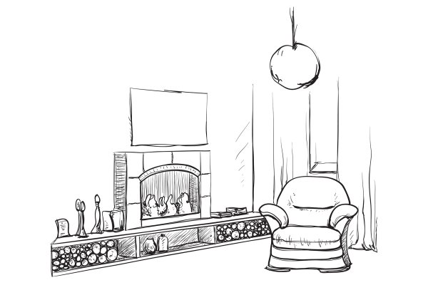 Скетч интерьера камин
