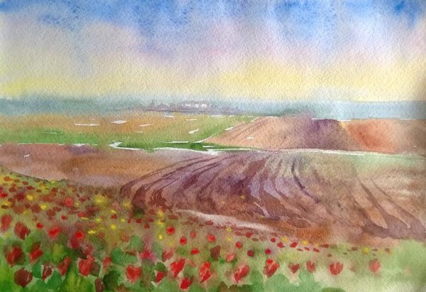 Тюльпаны в степи пейзаж живопись