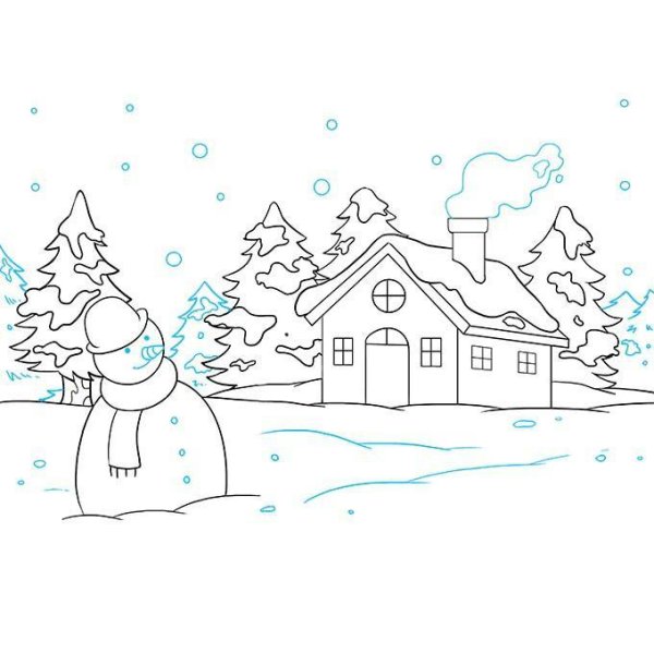 Зимний пейзаж карандашом для детей