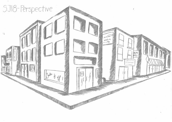 Улица с домами в перспективе карандашом