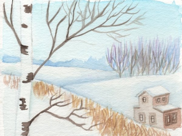 Зимний пейзаж цветными карандашами