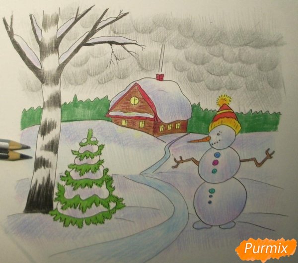 Рисунок на тему зимний пейзаж