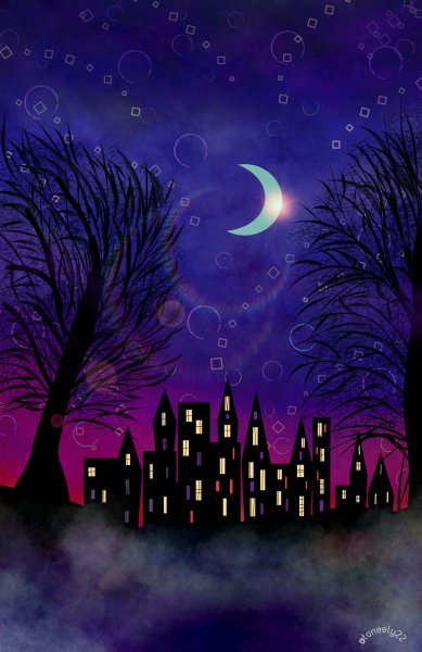 Ночной город гуашью