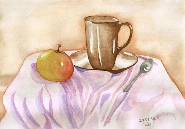 Натюрморт чашка и яблоко
