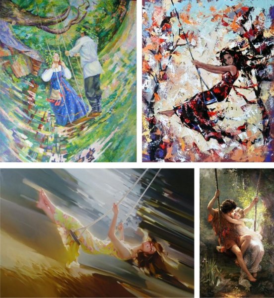 Дети качаются на качелях в деревне