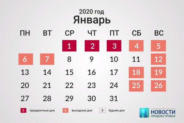 Календарь на январь 2020 года с праздничными днями