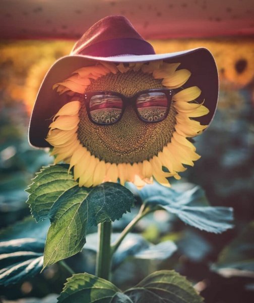 Подсолнух в очках и шляпе