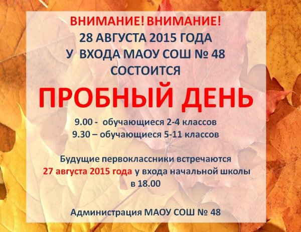 Объявление пробный день в школе