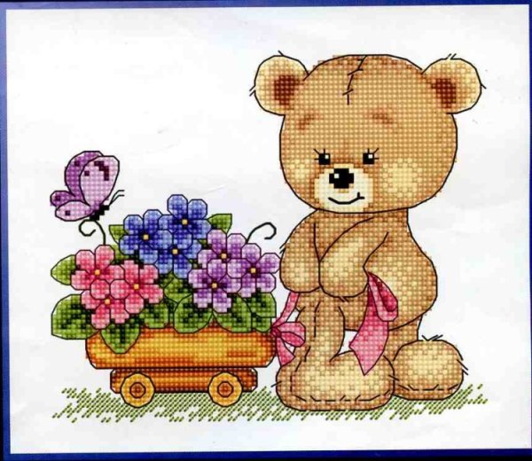 Вышивка крестиком мишка с цветами