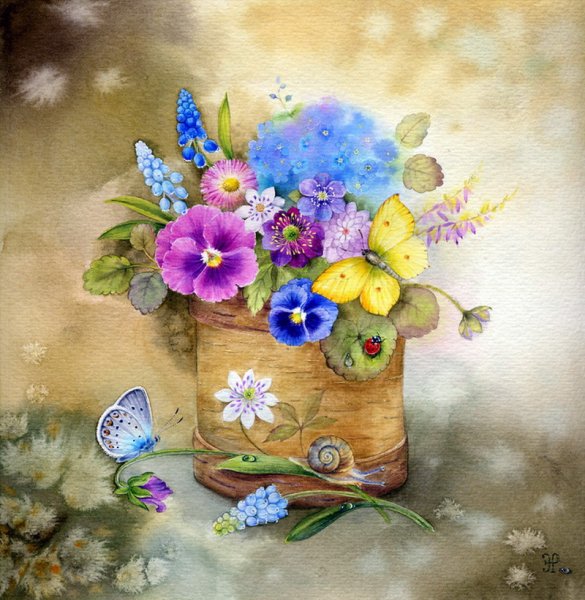 Велосипед с цветами акварель