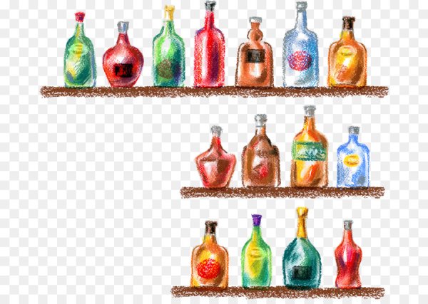 Цветные бутылки на полке