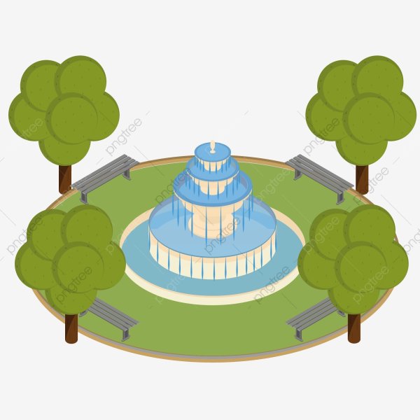 Сквер с фонтаном на прозрачном фоне