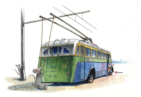Троллейбус акварель