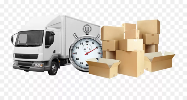 Грузчики с коробками на фоне грузовика