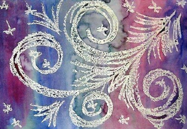 Морозные узоры восковыми мелками и акварелью