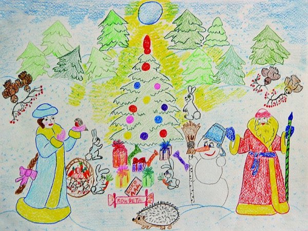 Детский рисунок на тему новый год