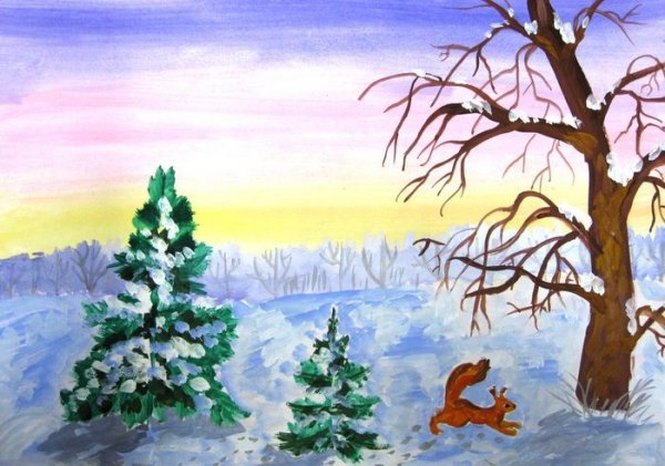 Зимнее утро рисунок детский