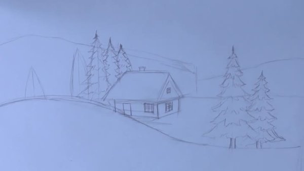 Зимний пейзаж карандашом легкий