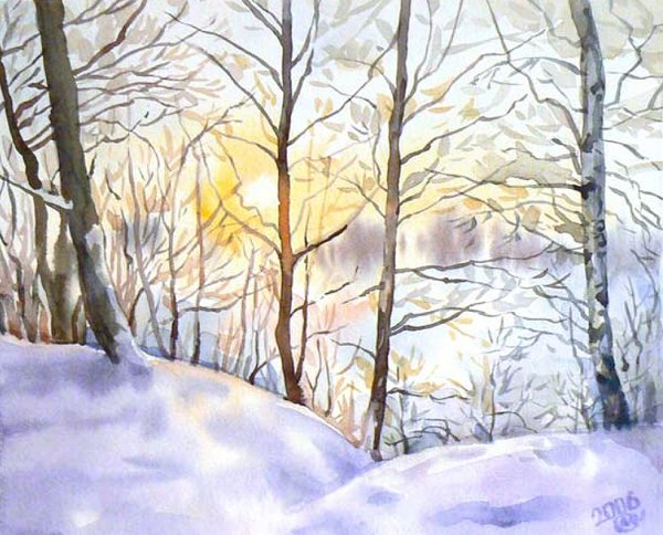 Зимний лес акварелью для детей