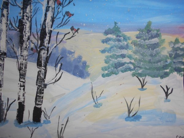 Зимнее утро рисунок гуашью