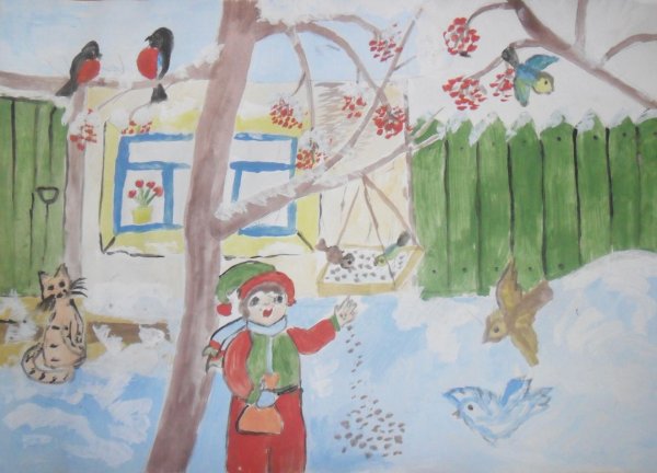 Рисунок кормушки с крупой посыпают