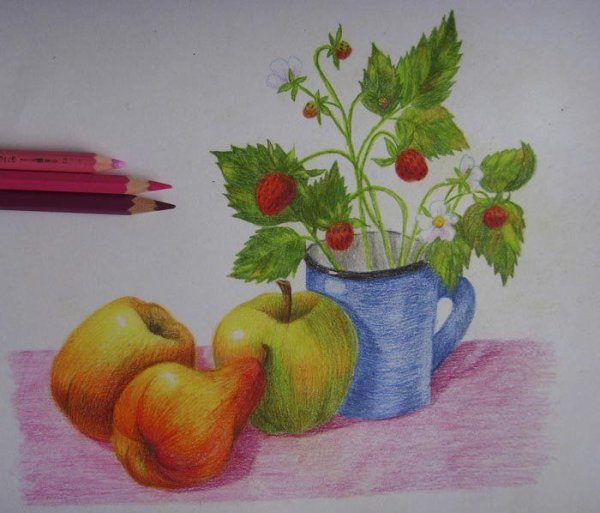 Натюрморт с фруктами цветными карандашами для детей