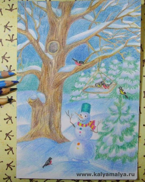 Зимний пейзаж цветными карандашами