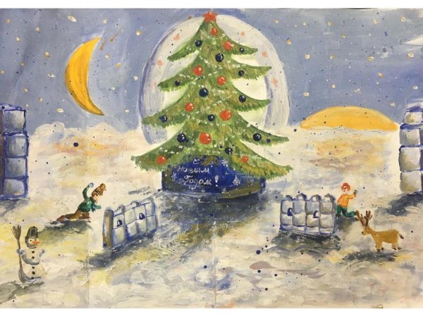 Зимний город красками для детей