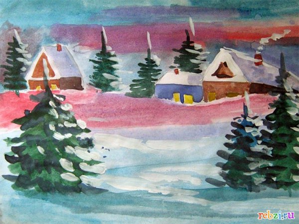 Детские рисунки на тему зима красками