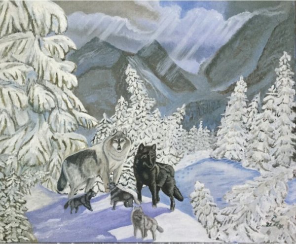 Зимний пейзаж с волками картины