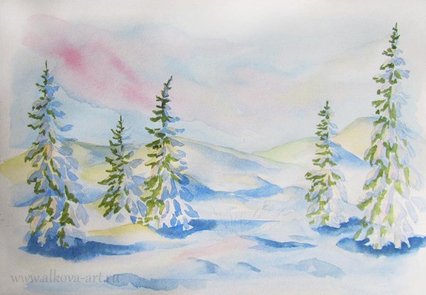 Зимний лес акварелью для детей