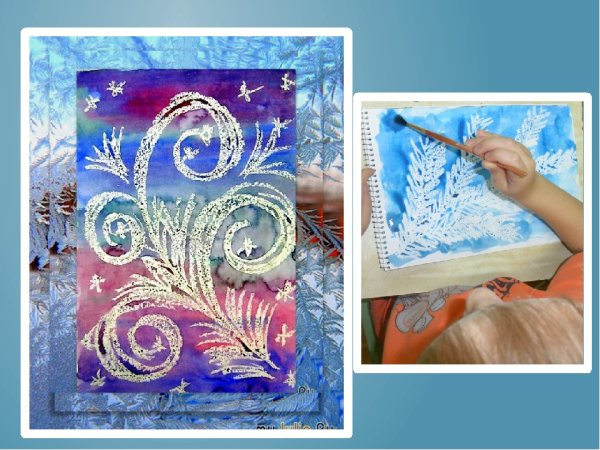 Морозные узоры восковыми мелками и акварелью